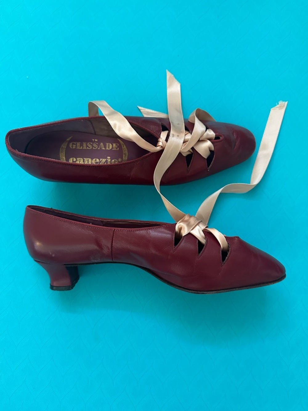 Capezio Burgundy Leather Kitten Heel Pumps with Satin Ribbon